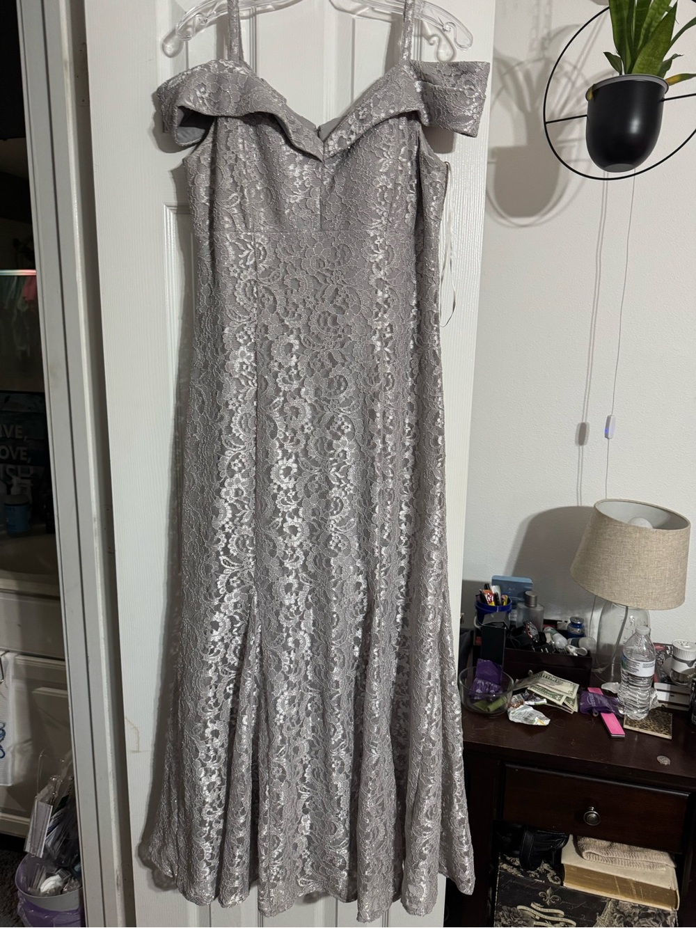 R&M Richards Strapless Lace Gown in Silver